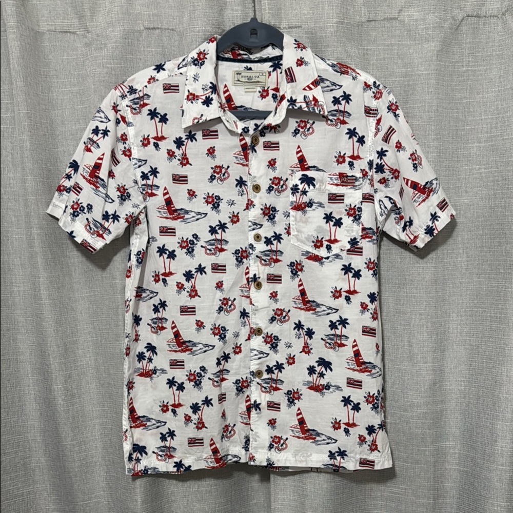 Men’s Honolua Surf Co. Hawaiian Camp Shirt-Sz S-Cotton-Red/White/Blue-EUC